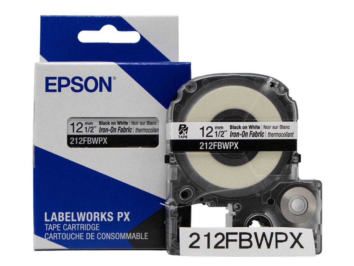 Epson LABELWORKS PX Iron-On Fabric 1/2" (12mm) x 16.4 ft Black on White Tape - 212FBWPX