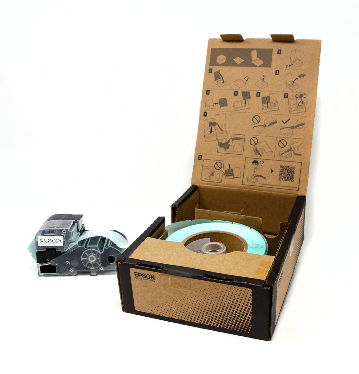 Epson LW-Z Series Bulk Roll - Self-Lamination Wire Wrap - Die Cut (25mm x 38mm) 1500 Labels/Roll - Black on White Tape - BVSL25X38PX