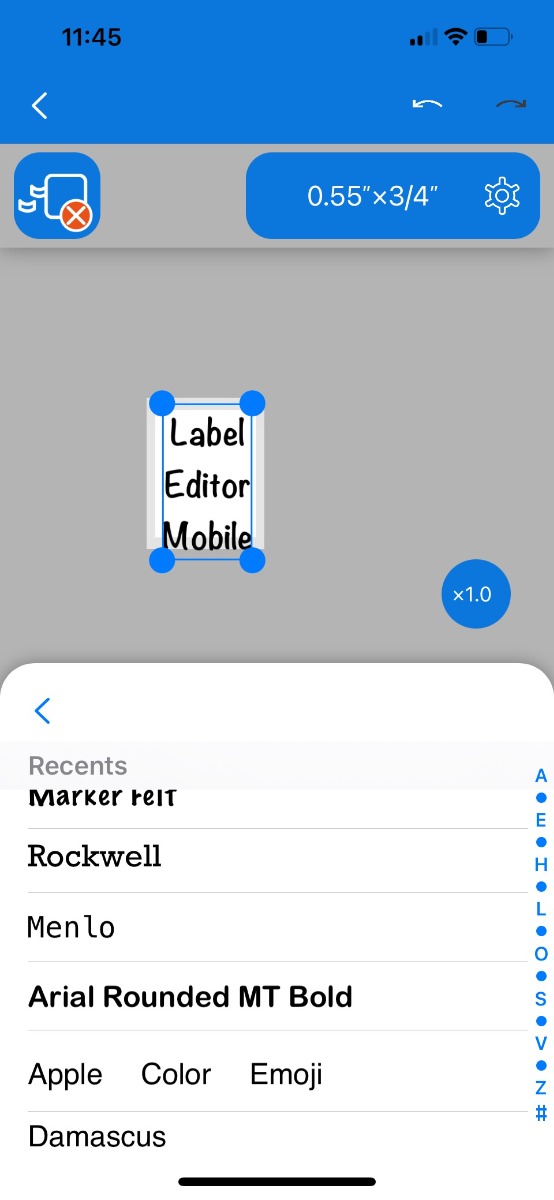 Epson's Label Editor Mobile - Font Screen