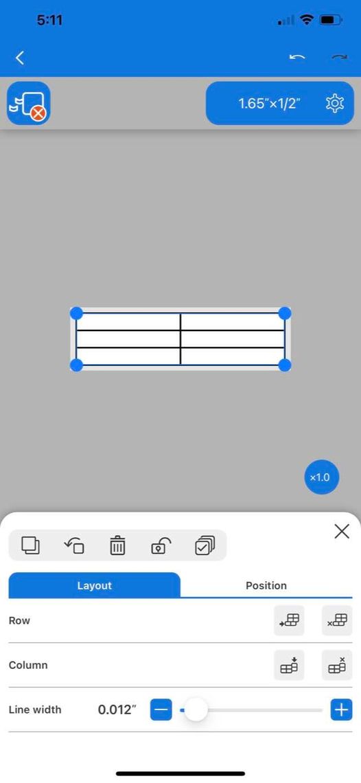 Epson's Label Editor Mobile - Tables Screen